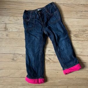 OshKosh fleece lined dark blue jeans. Size 3T. Hot pink lining